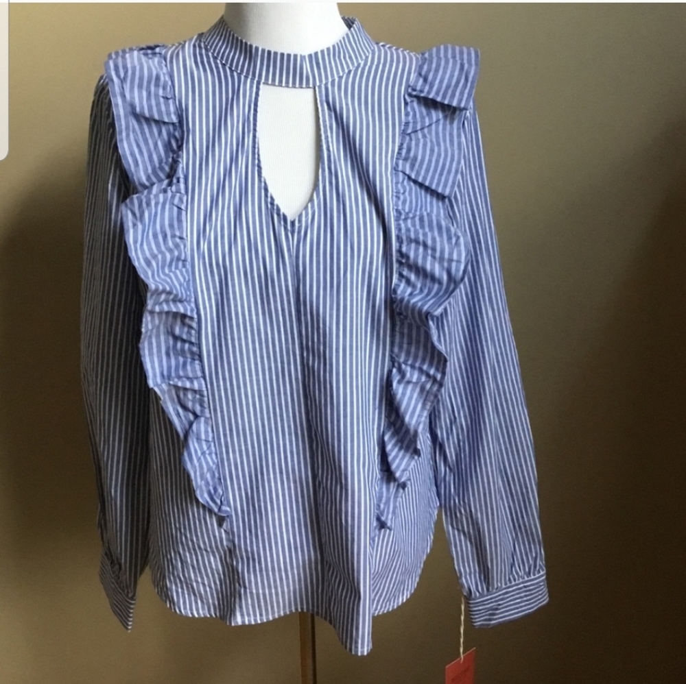 Blue and white striped, ruffled shirt